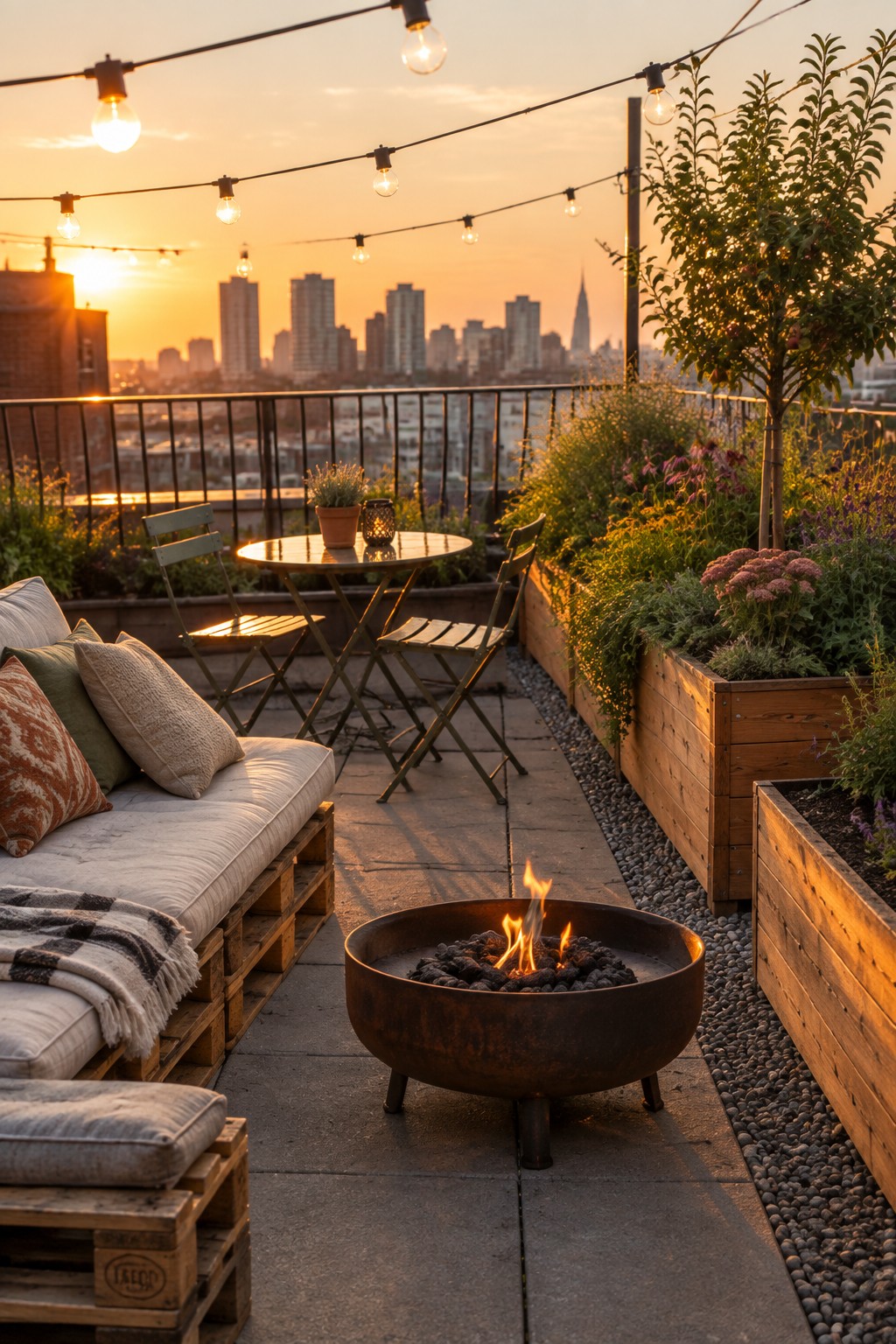 Rooftop terrace at sunset with fire pit, pallet sofa, string lights, and city skyline