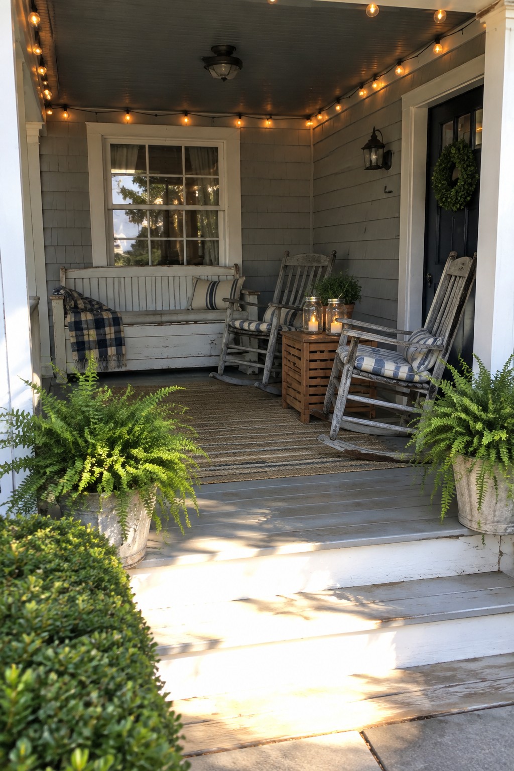 A front porch with two wooden rocking chairs, potted ferns, a white bench, and string lights running along the ceiling.