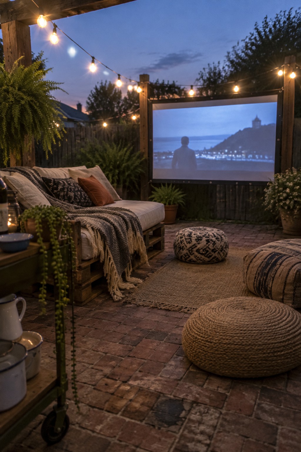 Backyard patio at dusk with string lights, a projector screen showing a movie scene, pallet sofa with cushions, and woven floor cushions on brick paving.