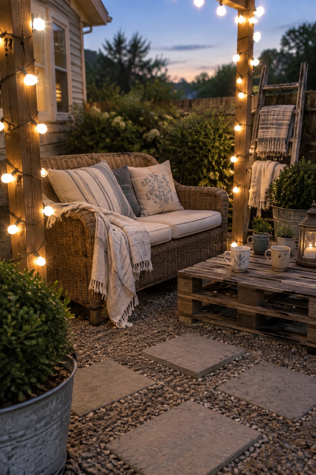 A wicker sofa on a gravel patio with solar string lights wrapped around wooden posts, a pallet coffee table holding mugs, and stone pavers leading to the seating area.