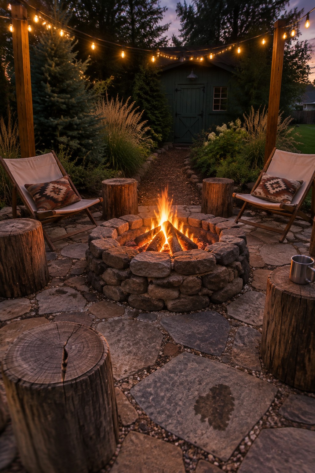 Stone fire pit ablaze at dusk with chairs, stumps, and string lights in backyard