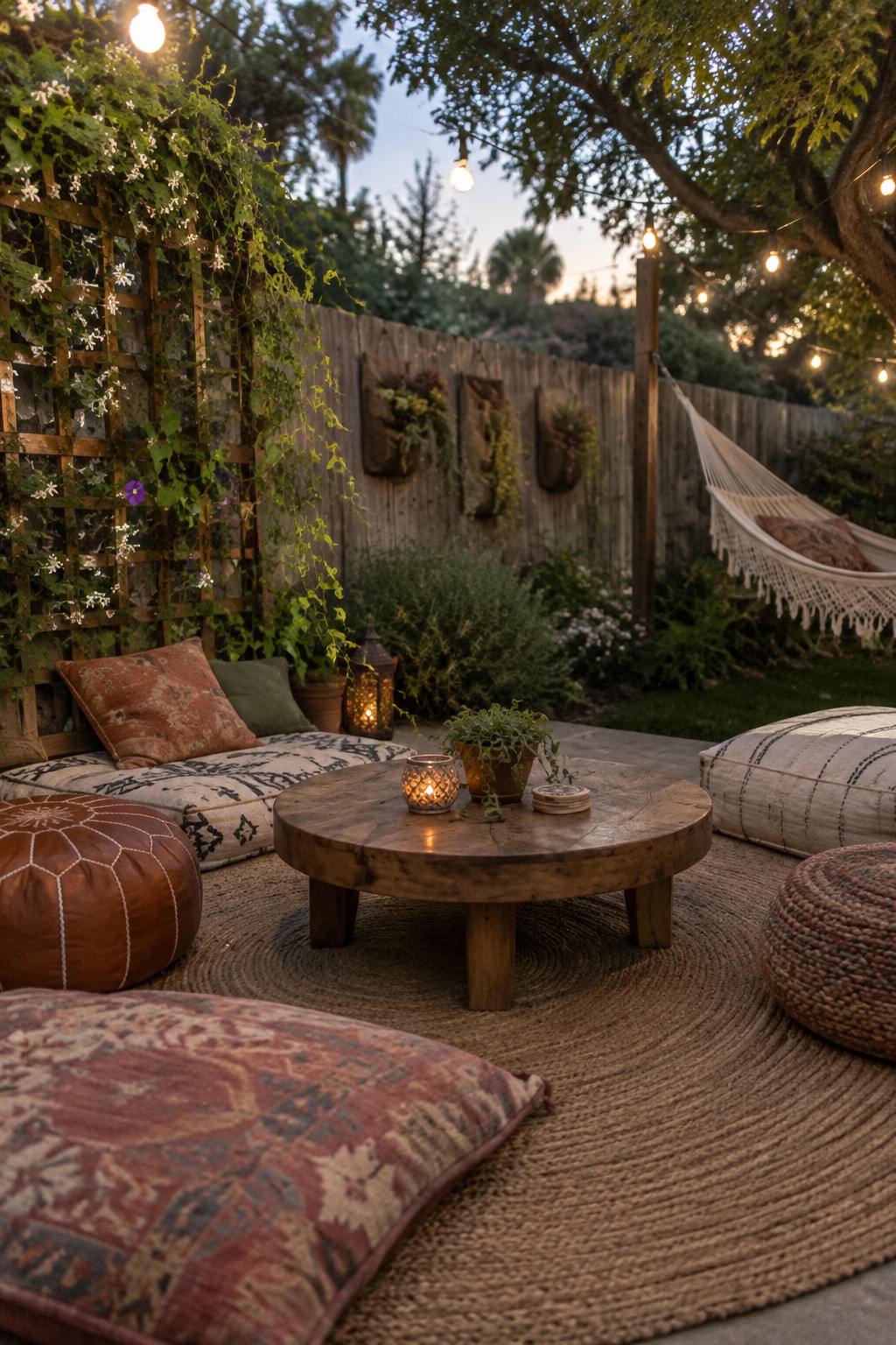 An outdoor patio at dusk with a round wooden table on a jute rug, surrounded by patterned cushions and a leather pouf, solar string lights strung overhead, and a hammock visible in the background.