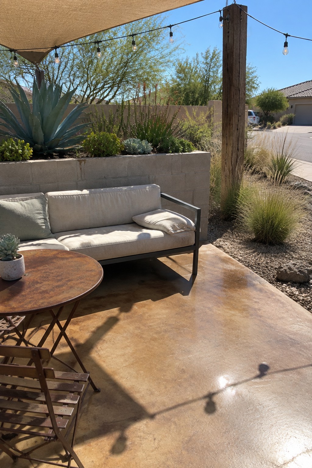 An outdoor patio features a light-colored sofa with pillows, a round metal table, string lights overhead, a concrete floor, and desert plants beside a block wall.