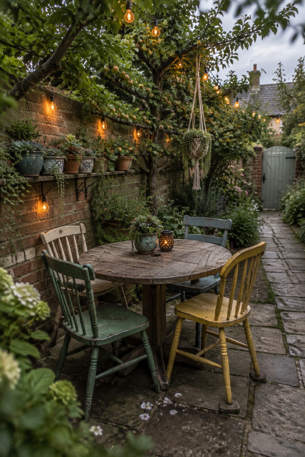 A round wooden patio table with three mismatched painted chairs sits on stone pavers beneath solar string lights strung from a brick wall and tree, with potted plants along the wall and a hanging planter above.