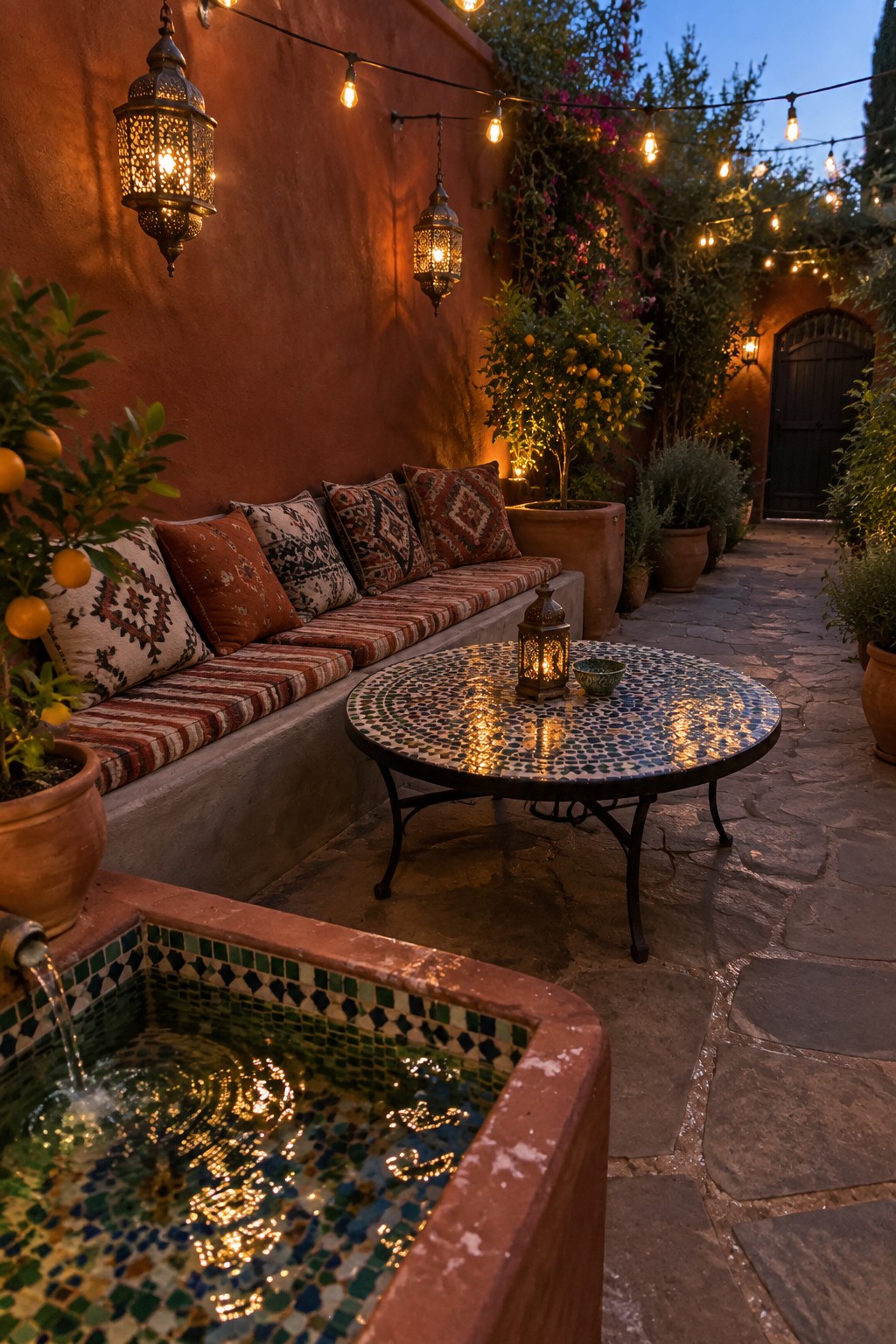 A dusk patio with a cushioned built-in bench against a terracotta wall, a round mosaic table holding a lantern, a small fountain in the foreground, and solar string lights overhead.