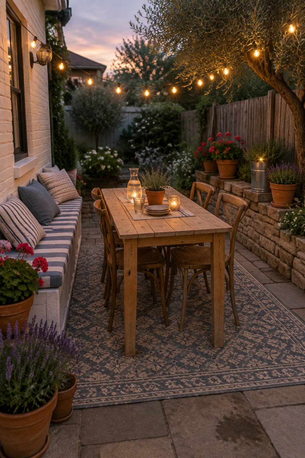 A wooden dining table with chairs and a few place settings sits on a patterned rug under glowing solar string lights, next to a built-in bench with striped cushions and surrounded by potted plants.