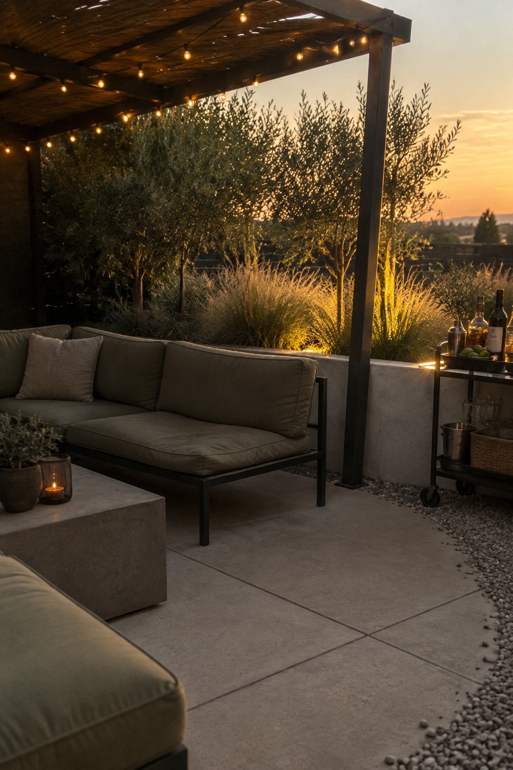 Modern patio with olive sectional sofa, bar cart, and string lights at sunset