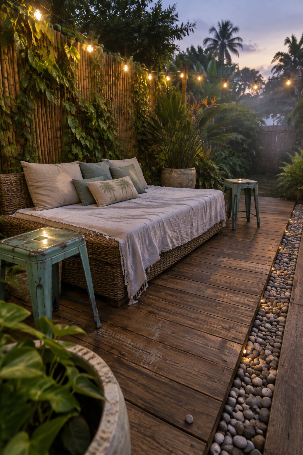 Wicker daybed with pillows on wooden deck under string lights beside pebble path
