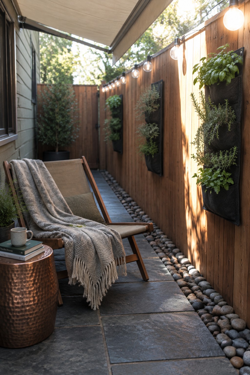 A narrow stone patio beside a wooden fence lined with solar string lights, a wooden lounge chair with a blanket, a copper side table, and vertical herb planters mounted on the fence.