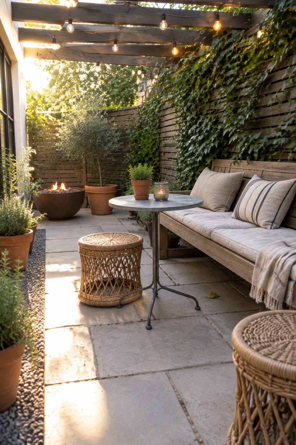 A stone patio under a wooden pergola with string lights, a cushioned bench, round metal table, woven stools, fire pit, and potted plants.