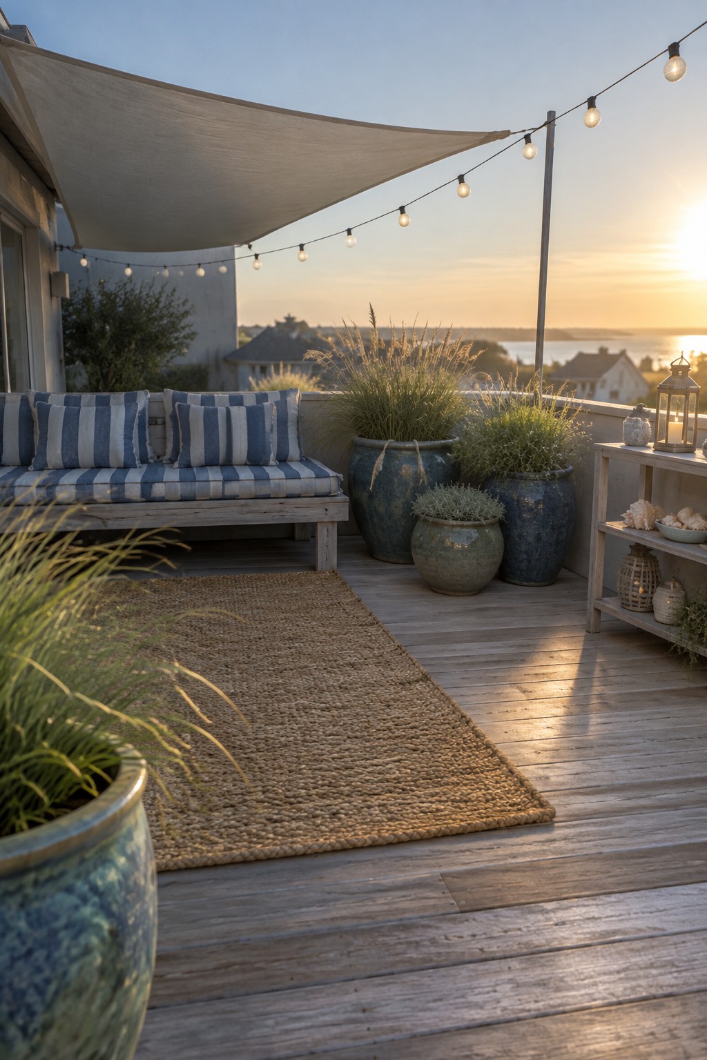 A wooden deck patio featuring a blue striped sofa, woven rug, large ceramic planters, string lights, and a shade sail at sunset.