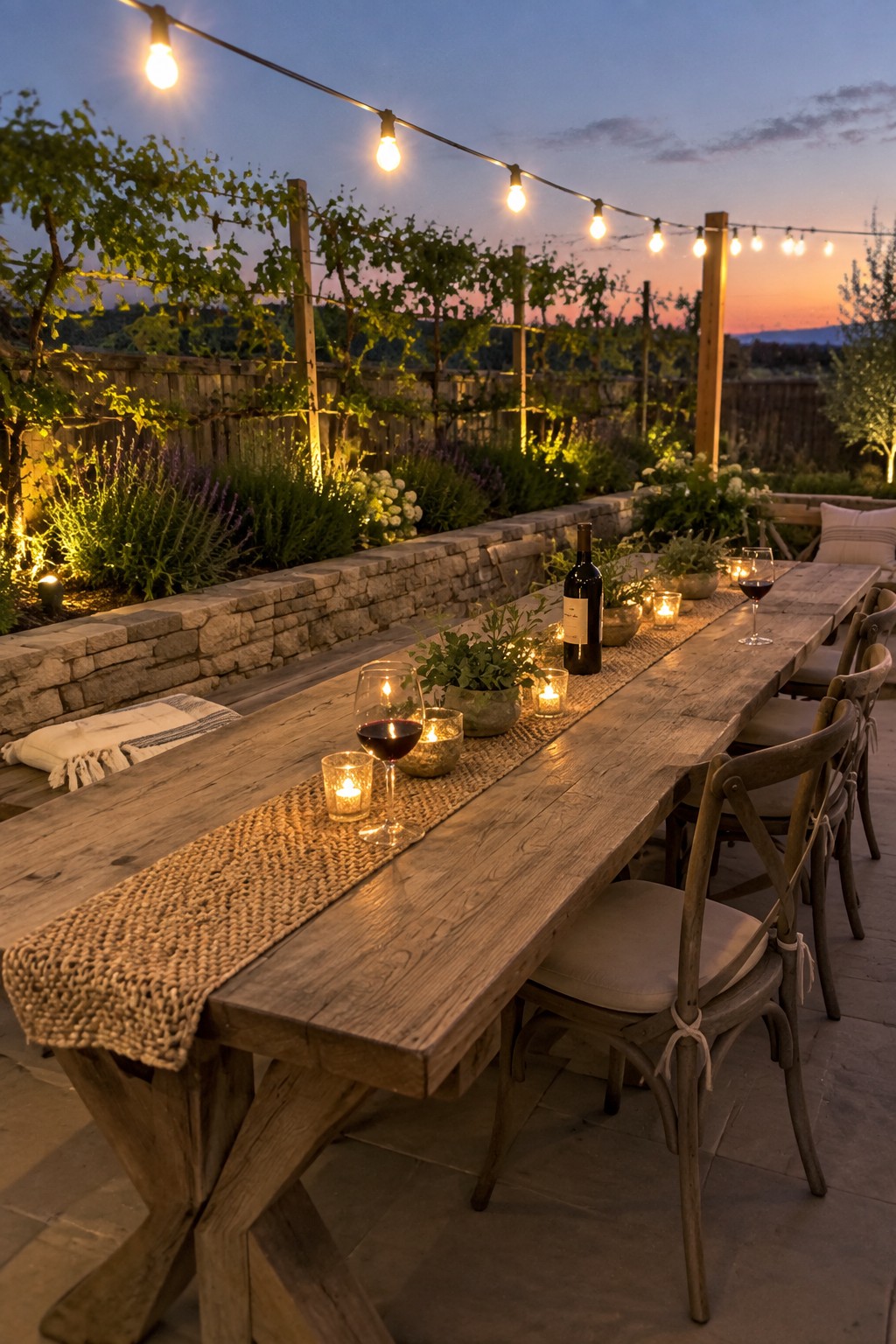 A long wooden dining table with wine glasses, candles, and a bottle on a stone patio, string lights overhead at dusk.