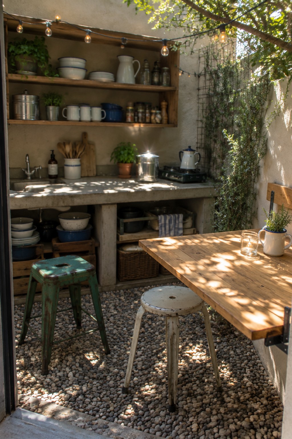 An outdoor patio with a concrete counter, wooden shelves holding dishes and plants, a wooden table with metal stools on gravel ground, and string lights overhead.