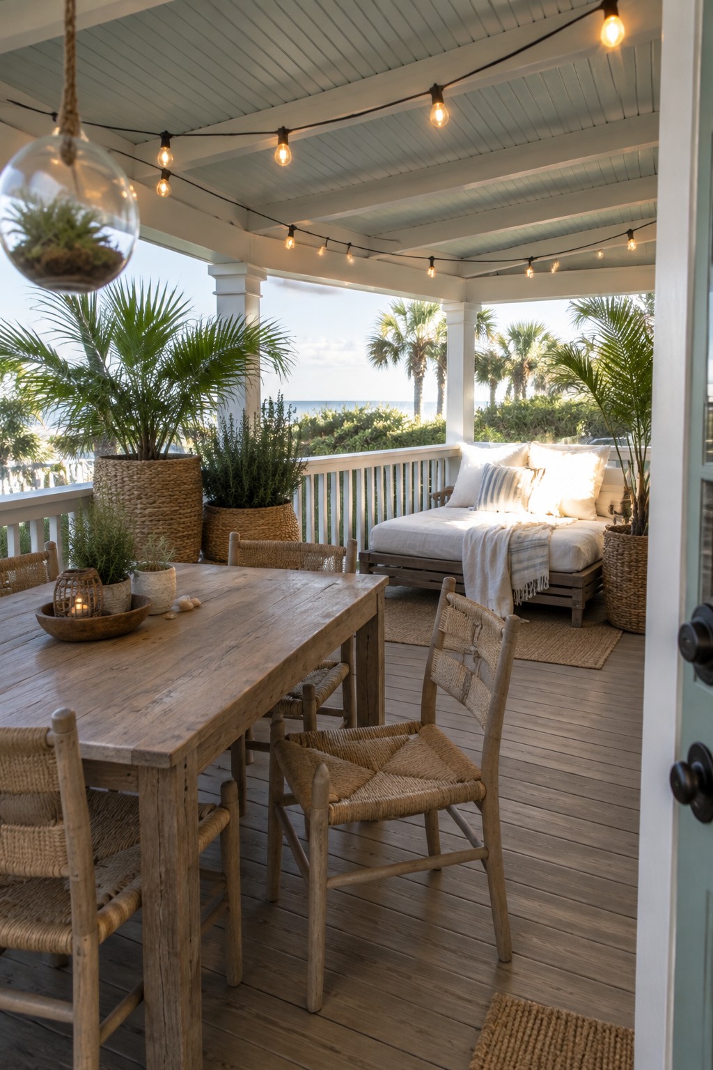A wooden porch with a dining table and woven chairs, string lights hung overhead, potted plants, and a daybed in the background.