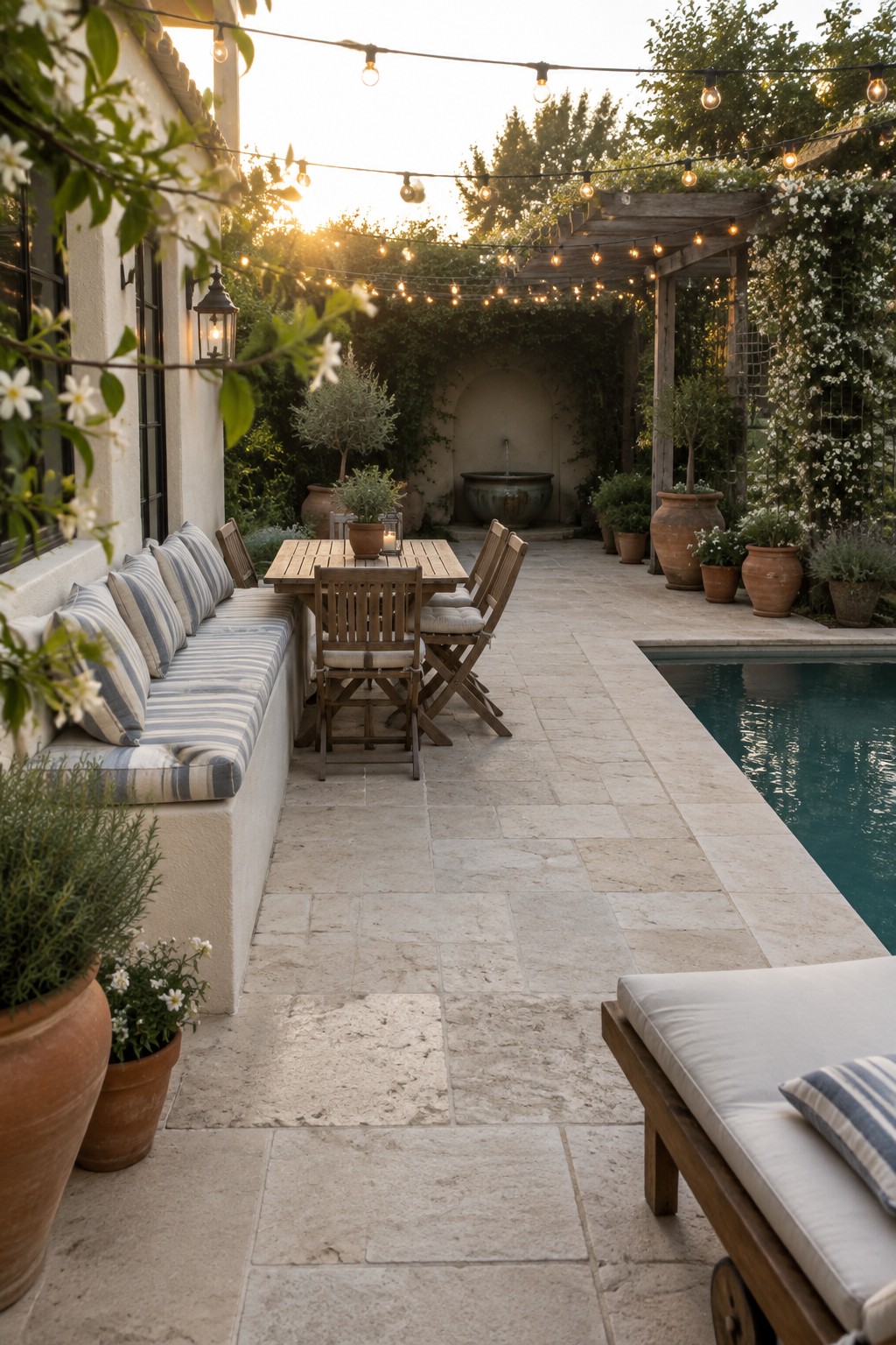 A stone patio features a wooden dining table with chairs beneath overhead string lights, a built-in bench with striped cushions, potted plants, and a swimming pool on the right.