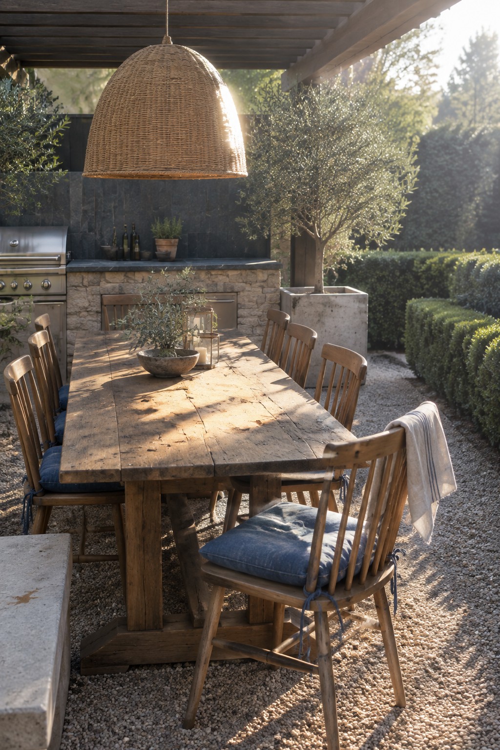 A long wooden dining table with blue cushioned chairs sits on gravel under a large woven pendant light beside an outdoor kitchen with a grill.