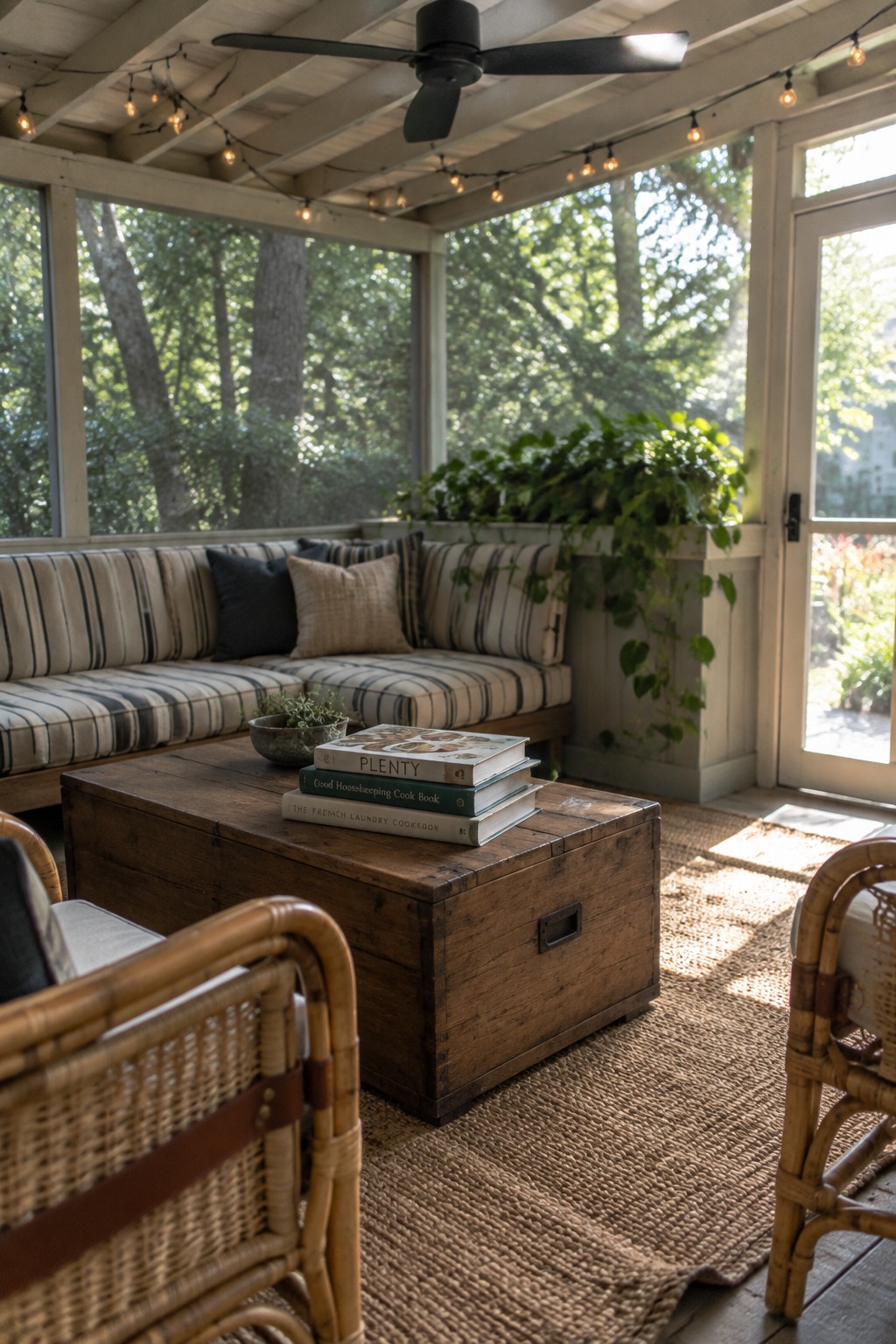 A screened porch with striped sofa cushions, a wooden chest used as a coffee table, wicker chairs, string lights, and a ceiling fan.