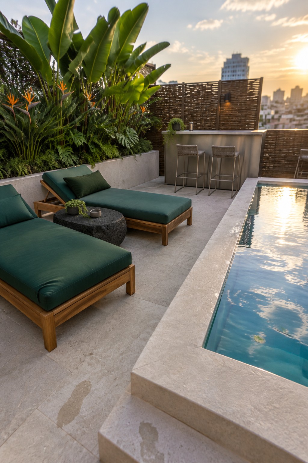 A rooftop patio with green cushioned wooden lounge chairs, a concrete bar counter with woven stools, a narrow swimming pool, and dense tropical plants along the back wall.