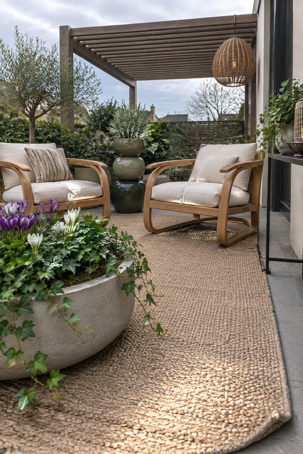 Two wooden armchairs with white cushions on woven rug near flower-filled concrete planter.