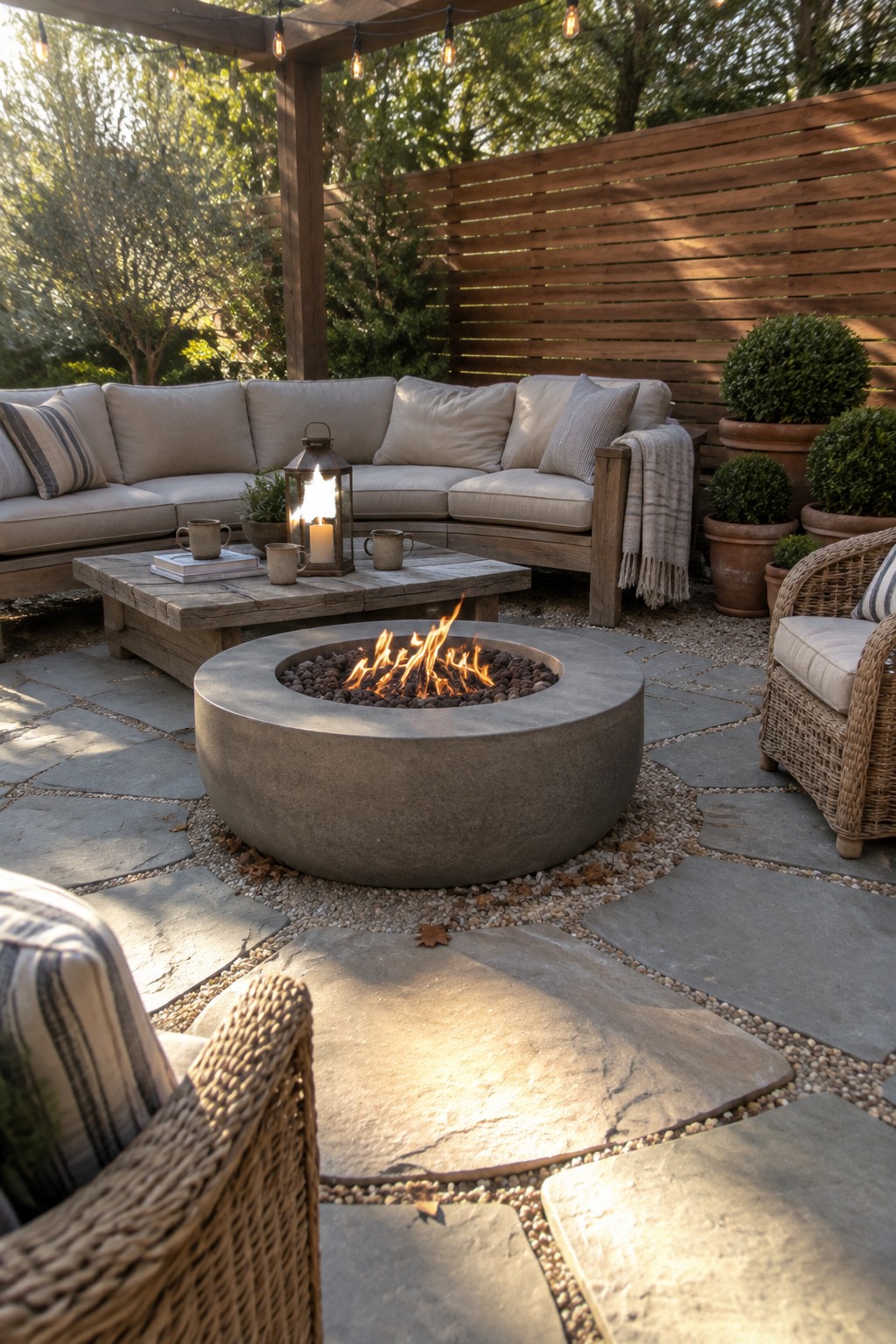Cozy patio with lit concrete fire pit, sectional sofa, string lights and potted plants
