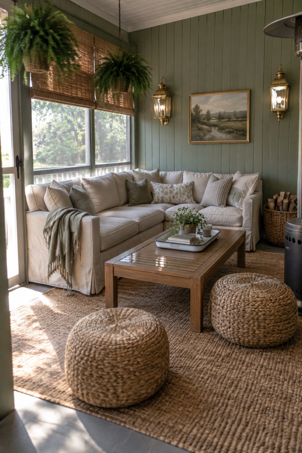 A covered patio with a beige sectional sofa, wooden coffee table on a large jute rug, two round woven ottomans, green walls, hanging ferns, and wall lanterns.