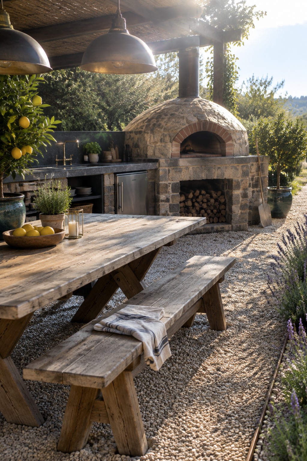 A stone pizza oven with a brick arch sits at the end of a gravel patio beside a long wooden table and bench, with potted lemon trees and a covered sink area nearby.