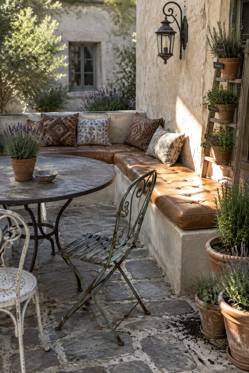 A stone patio corner with a built-in bench topped with brown tufted cushions, a round metal table, a weathered green metal chair, and several terracotta pots with herbs and lavender.