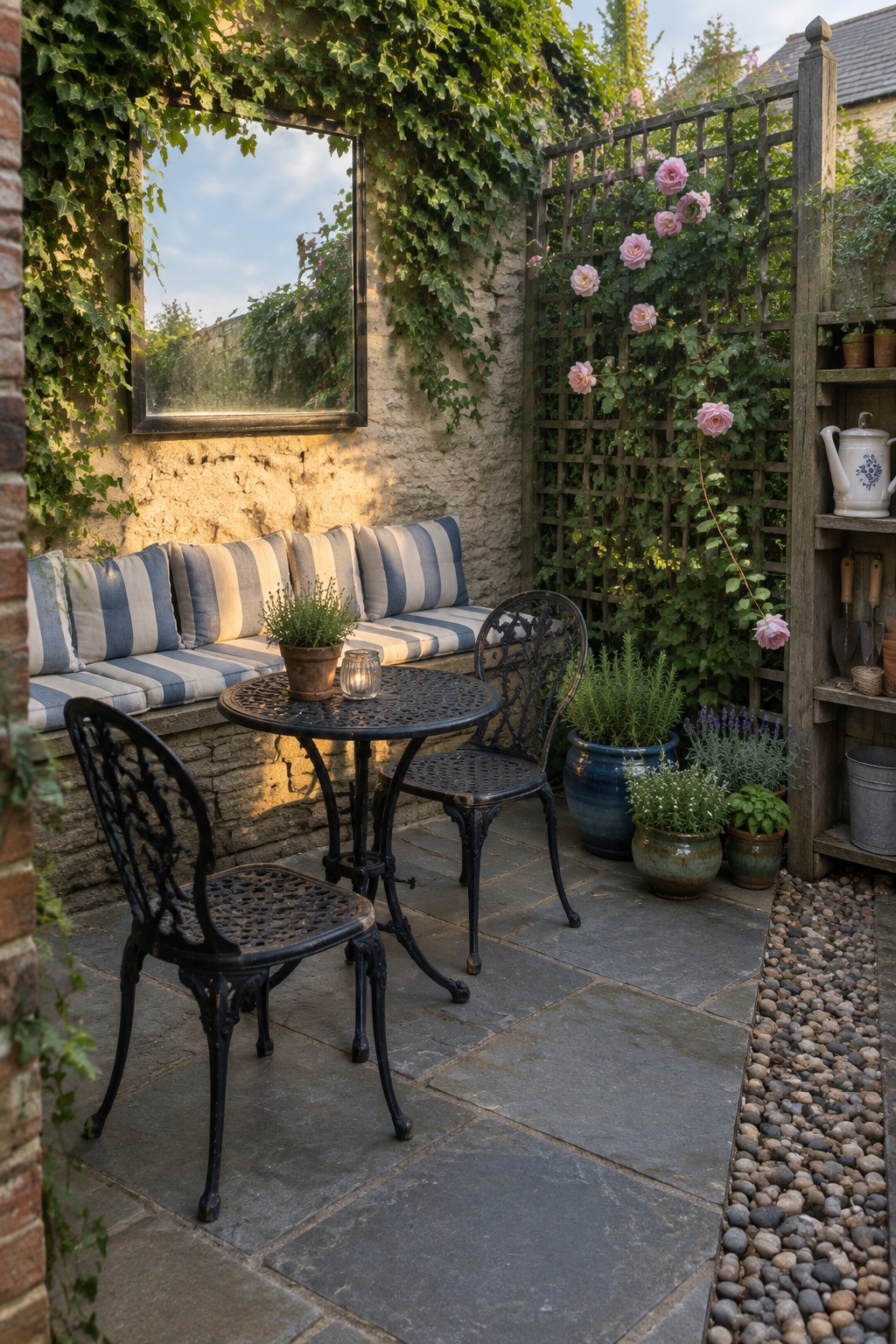 A small stone patio features a round metal table with two black ornate chairs, a long bench with blue and white striped cushions built against a vine-covered wall, and potted plants beside a wooden trellis with pink roses.