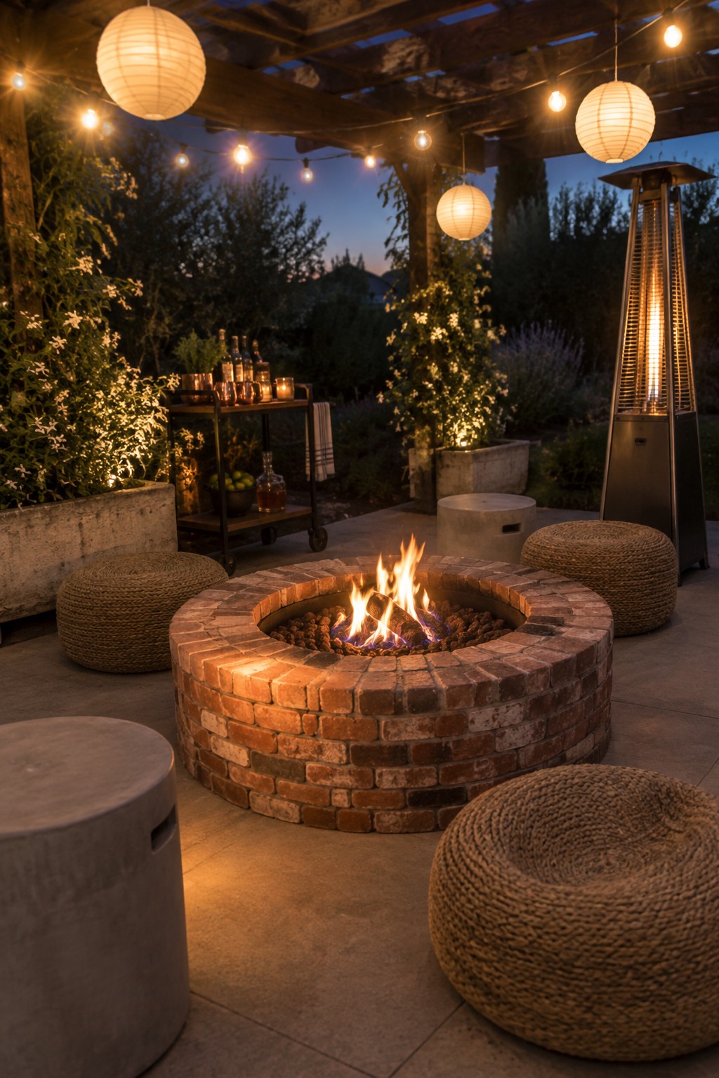 A circular brick fire pit with flames burning at the center of a stone patio, surrounded by woven ottomans and string lights.
