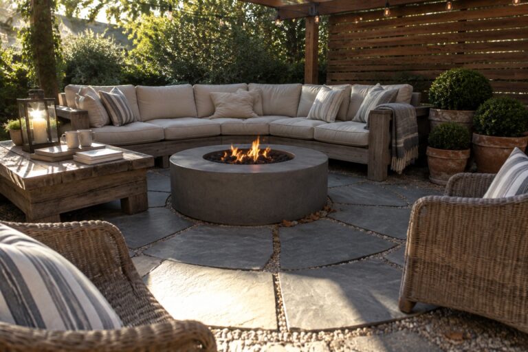 Cozy patio with lit concrete fire pit, sectional sofa, string lights and potted plants