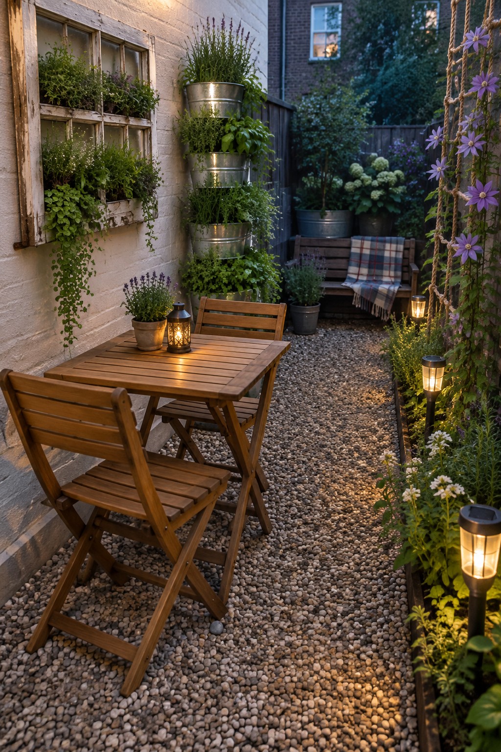 A wooden patio table and chairs on gravel with lit lanterns, potted plants, and a garden path lined with solar lights at dusk.