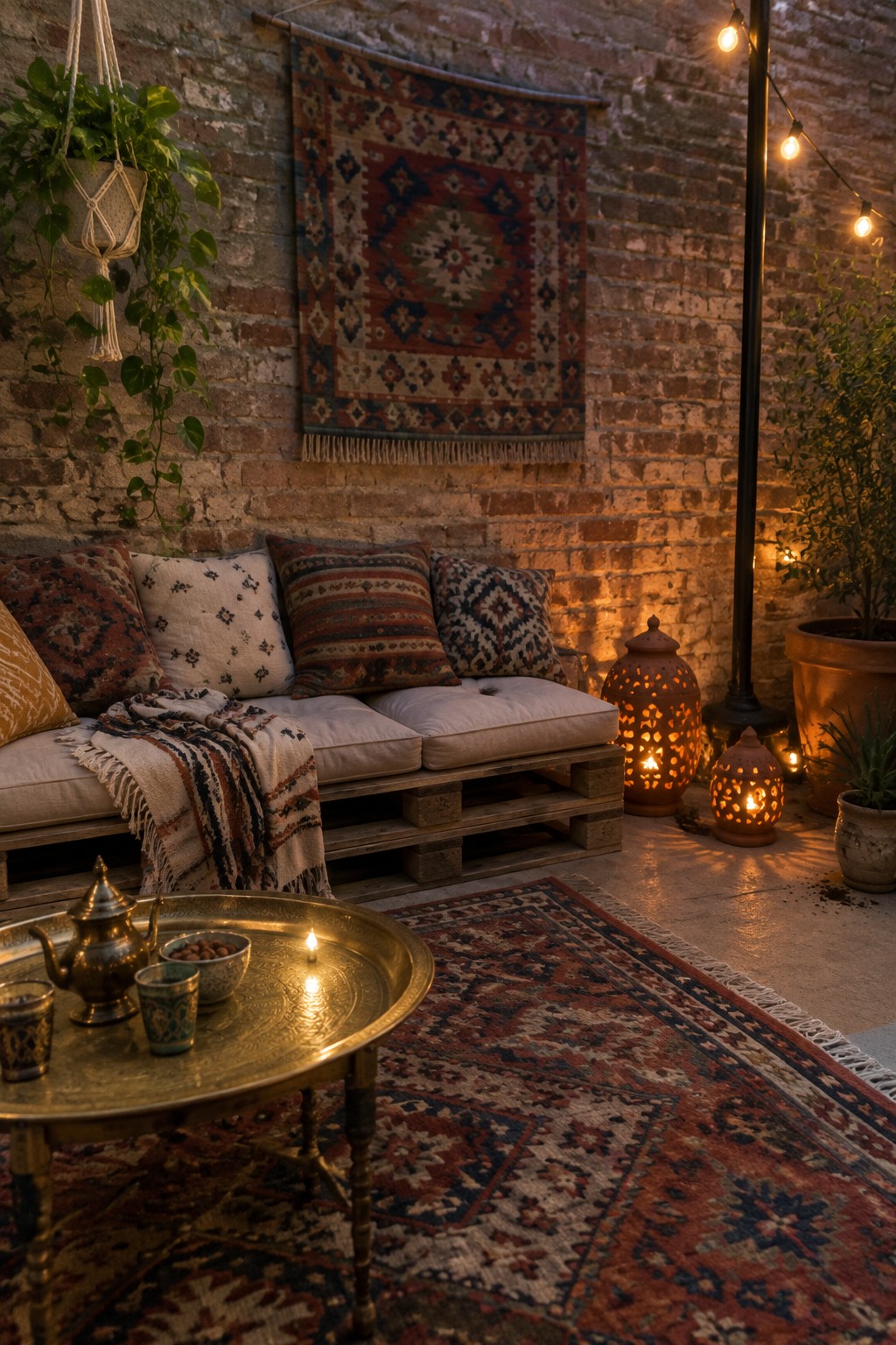 An outdoor patio corner with a pallet sofa covered in cushions and a throw, layered patterned rugs, a brass tray table, glowing lanterns, and string lights against a brick wall.