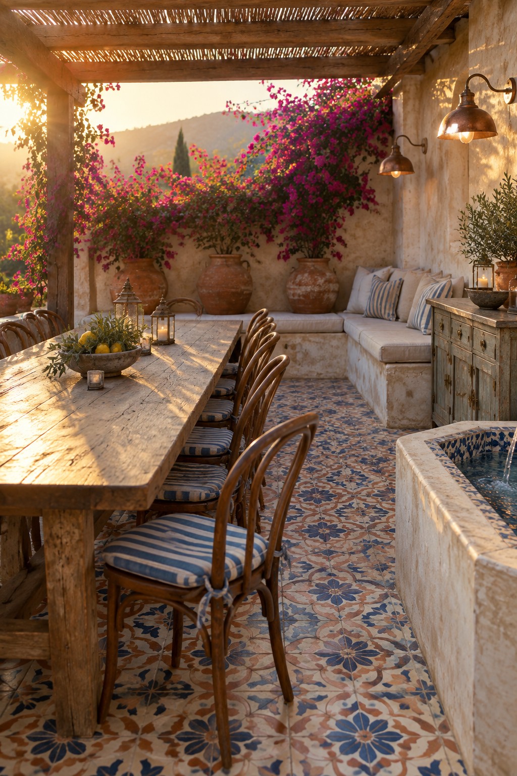 A covered patio with a long rustic wooden dining table, wooden chairs with blue striped cushions, built-in cushioned bench seating, large terracotta pots with pink bougainvillea, a stone fountain, and patterned tile flooring.