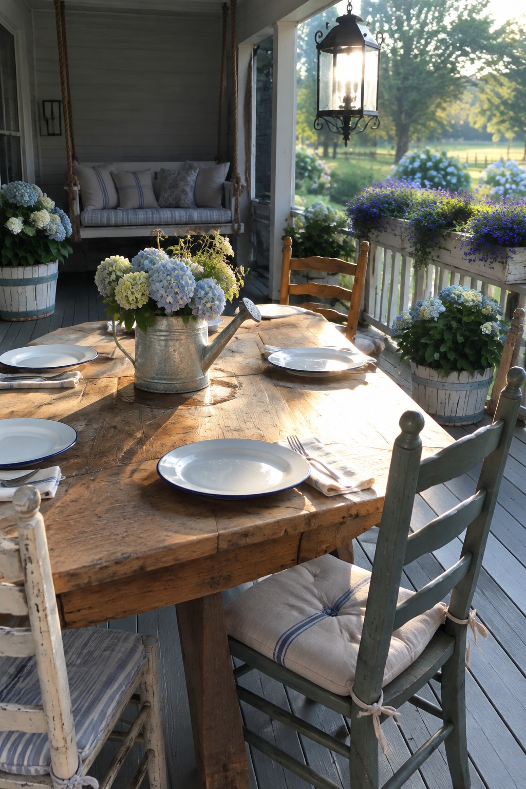 A rustic wooden dining table set with white plates and napkins on a covered porch, surrounded by potted hydrangeas, a hanging swing, and a lit lantern.