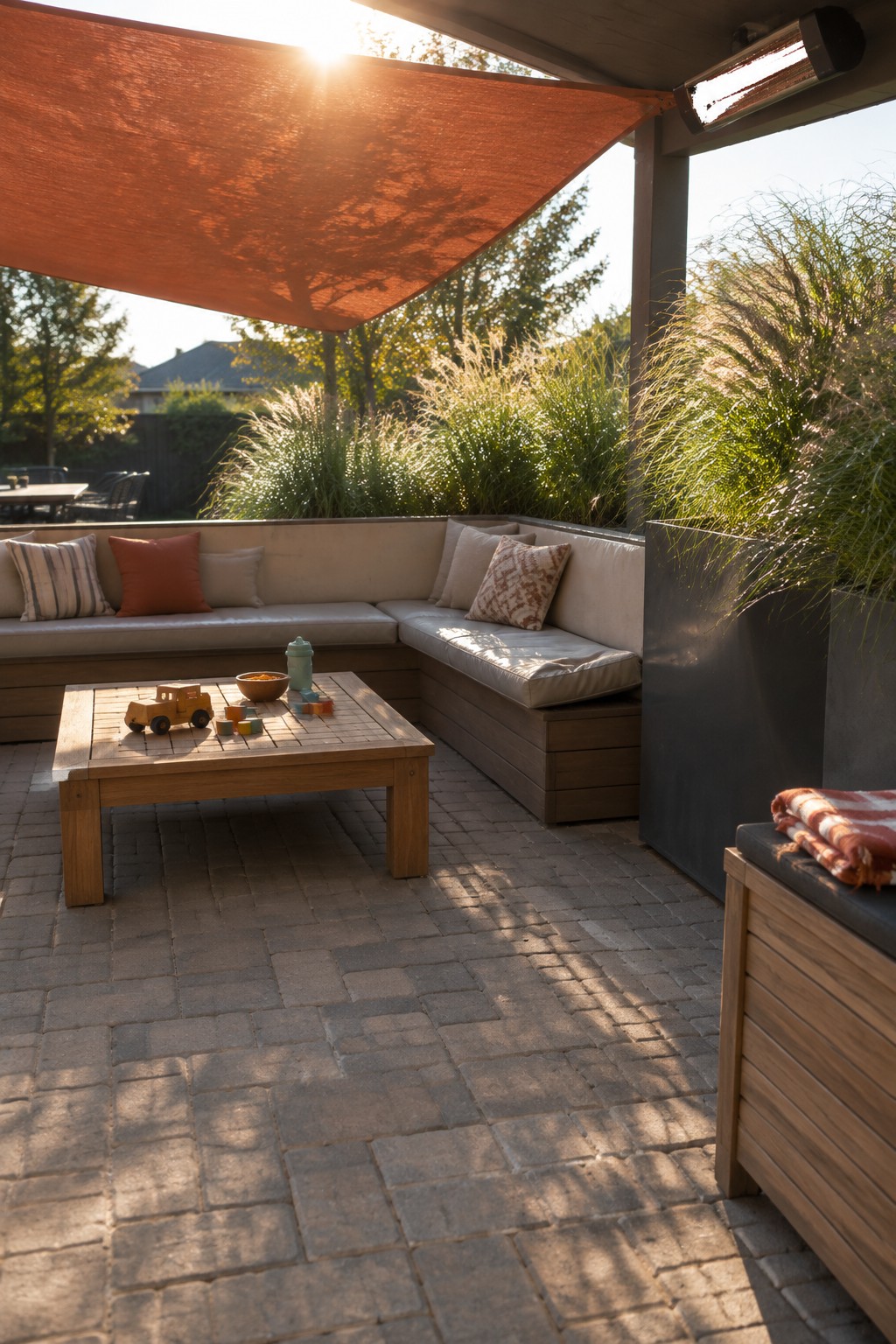 An outdoor patio with an orange fabric shade sail covering an L-shaped built-in sofa and wooden coffee table on brick pavers, with tall grasses and a metal planter nearby.