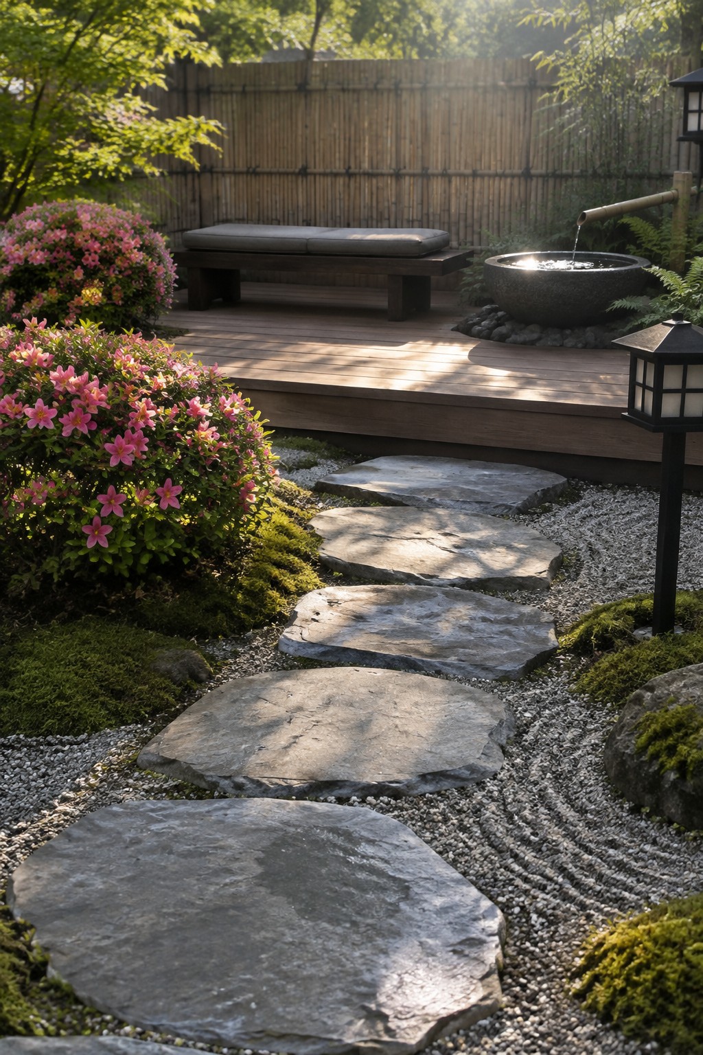 Stone stepping path winds through mossy zen garden to wooden deck with water basin.