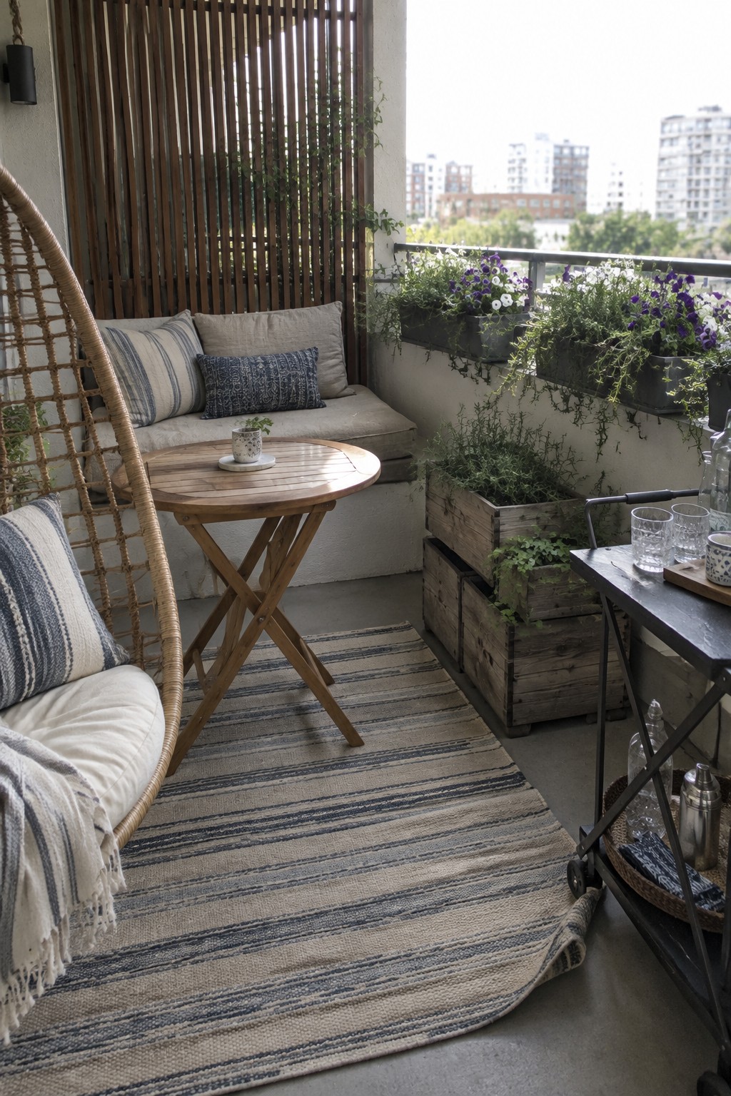 Cozy urban balcony with hanging rattan chair, round table, striped rug, and plants.