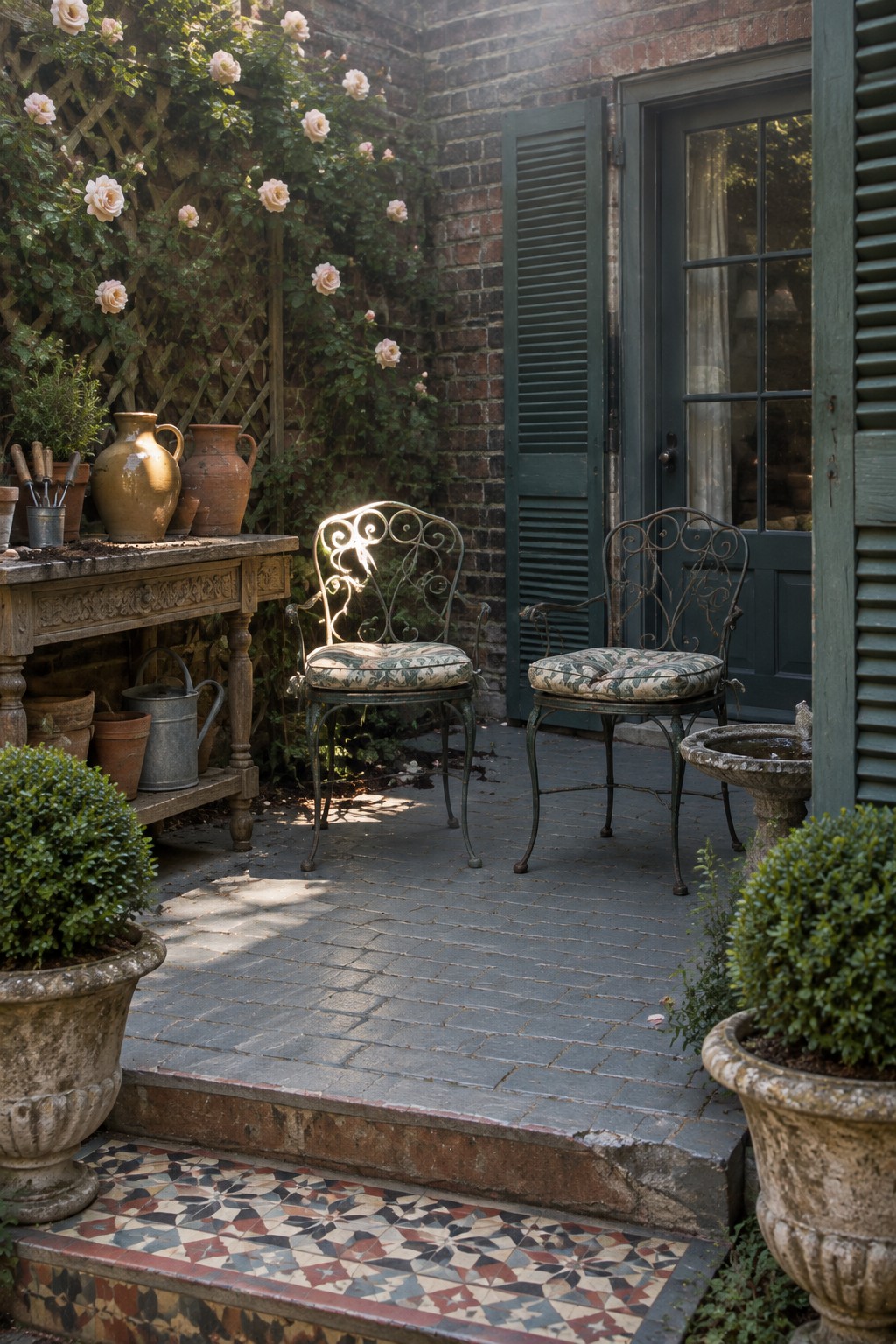 Two ornate metal chairs with patterned cushions sit on a brick patio next to a wooden table holding clay pots, with climbing roses on a trellis and additional potted plants around a green door.