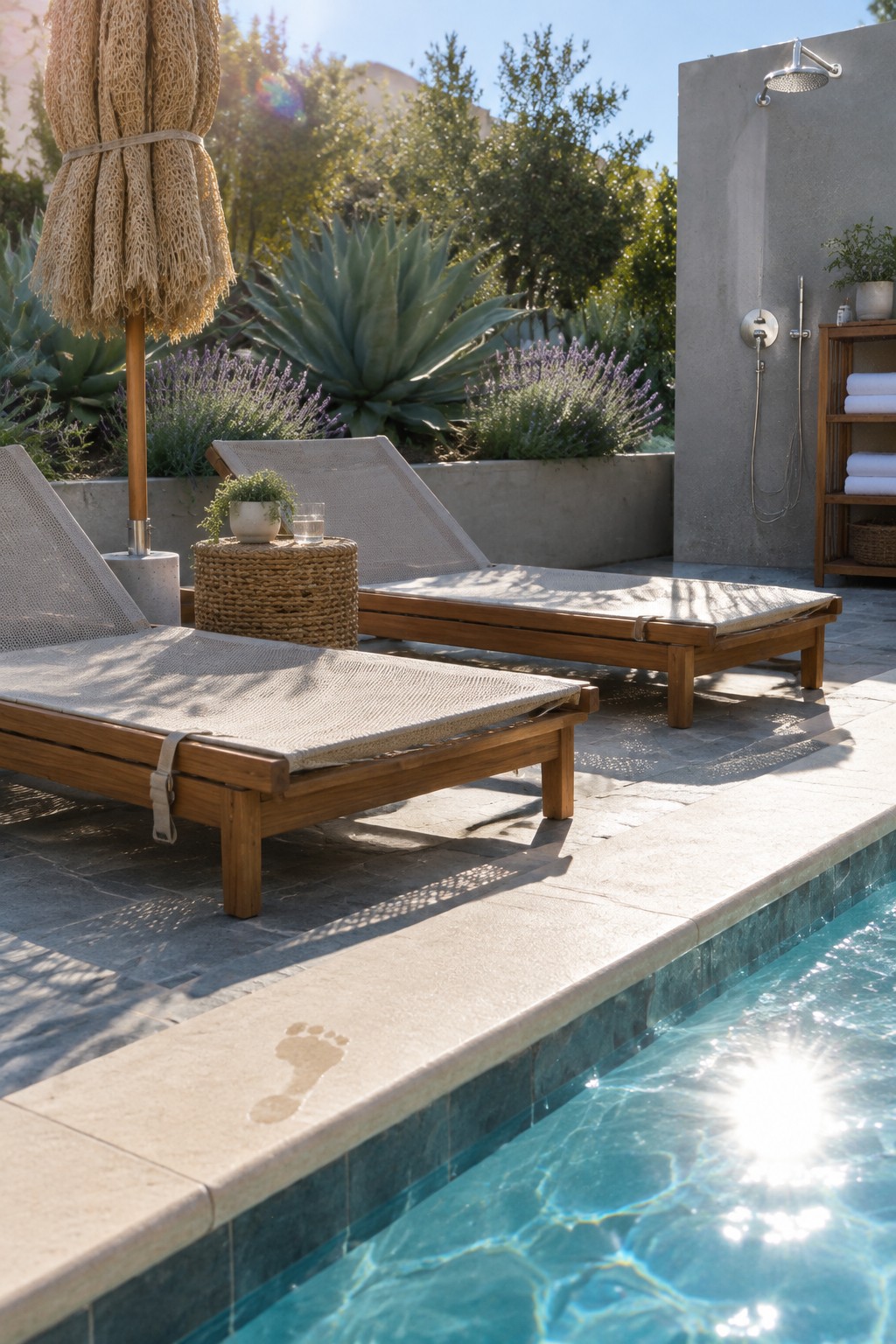 Two wooden lounge chairs with woven seats sit on a stone patio next to a swimming pool, with an outdoor shower on a concrete wall in the background.