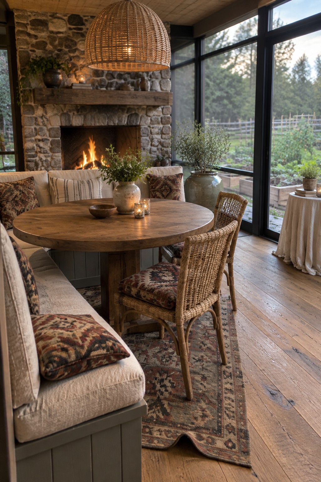 A screened porch featuring a large stone fireplace, round wooden dining table with wicker chairs, built-in bench seating, and glass walls opening to a garden view.