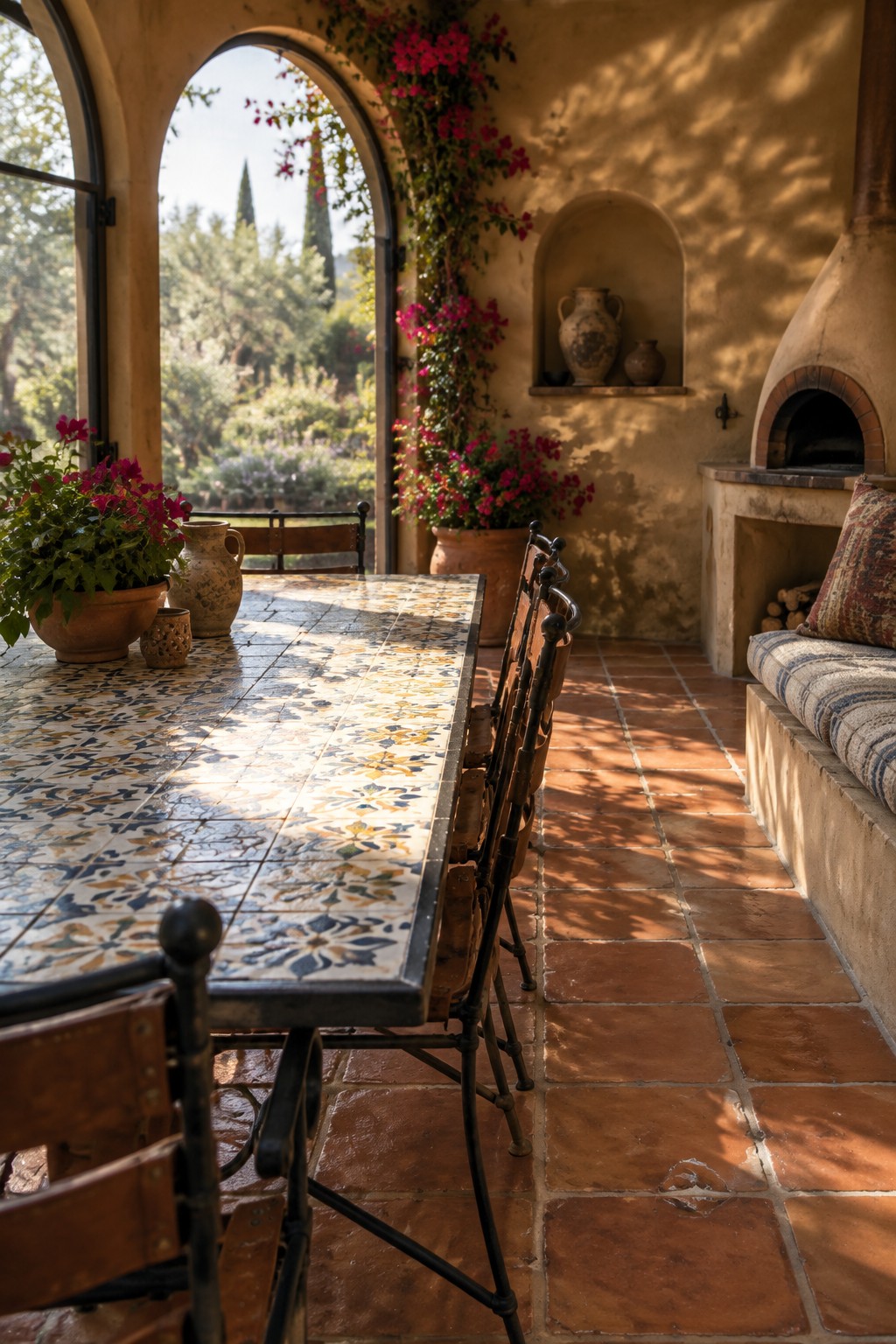 A long patterned tile dining table with metal and wood chairs sits on a terracotta floor beside a built-in fireplace, with potted flowers and an arched opening to the garden.