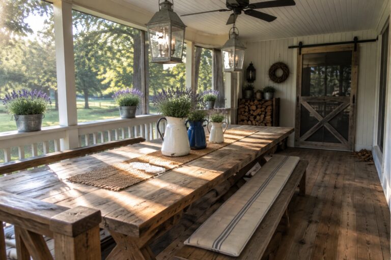 A long wooden dining table with cushioned benches sits on a screened porch with hanging lanterns and potted lavender plants.