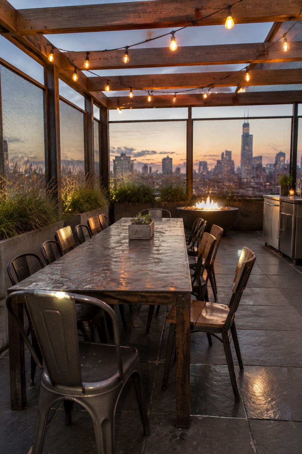 A rooftop patio enclosed with mesh screens features a long dining table with metal chairs, string lights, a fire pit, and city skyline views at dusk.