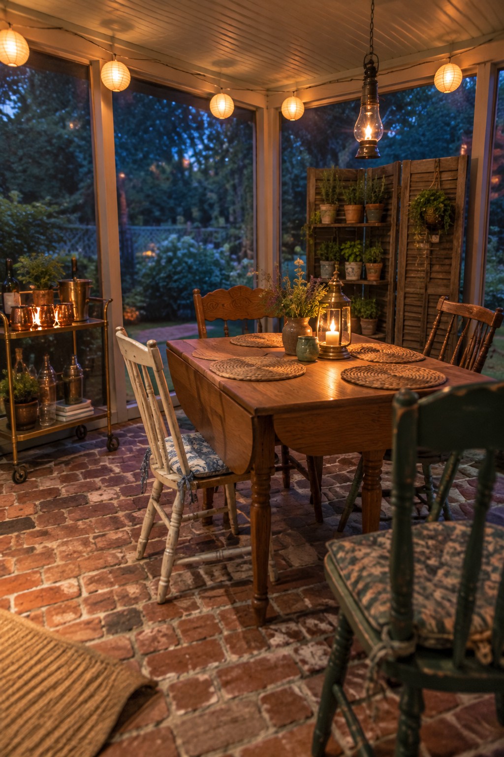 Rustic wooden dining table with woven placemats, lit lantern, and chairs on brick porch floor