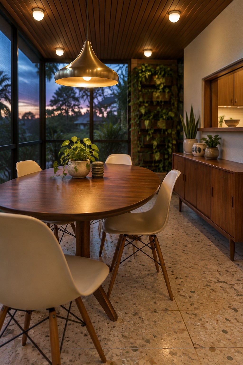 Interior view of a round wooden dining table with four white molded plastic chairs on wooden legs, a large brass pendant light hanging above, and floor-to-ceiling windows showing trees at dusk.
