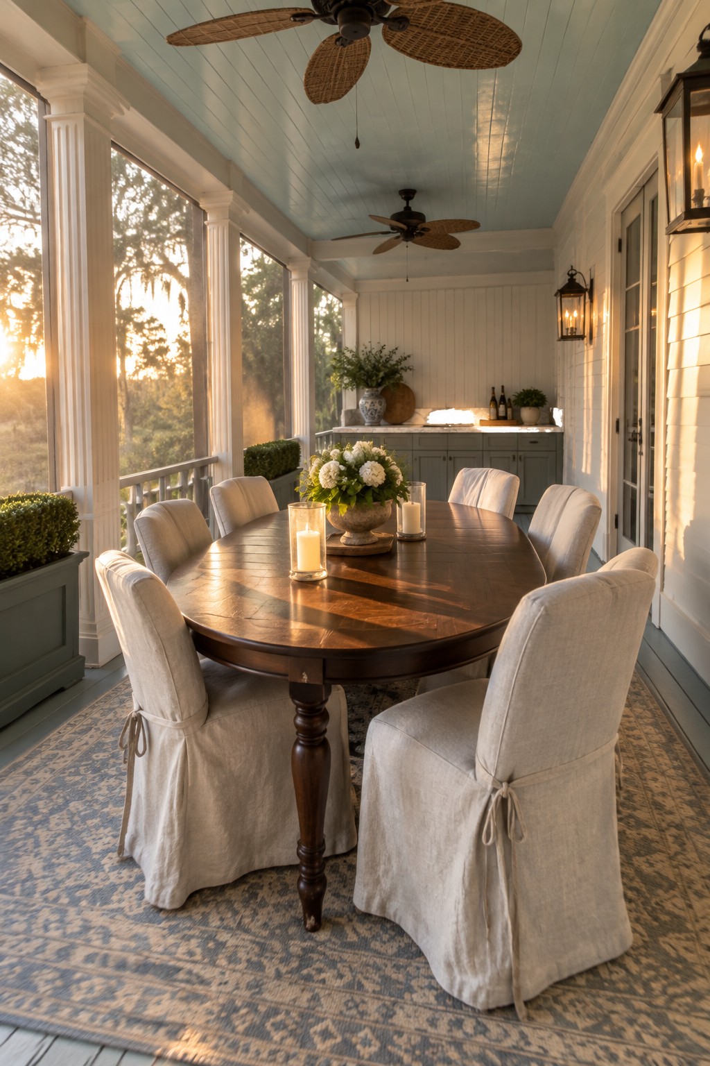 A round dark wood dining table surrounded by eight slipcovered chairs on a patterned rug inside a screened porch with white trim, ceiling fans, and lanterns.