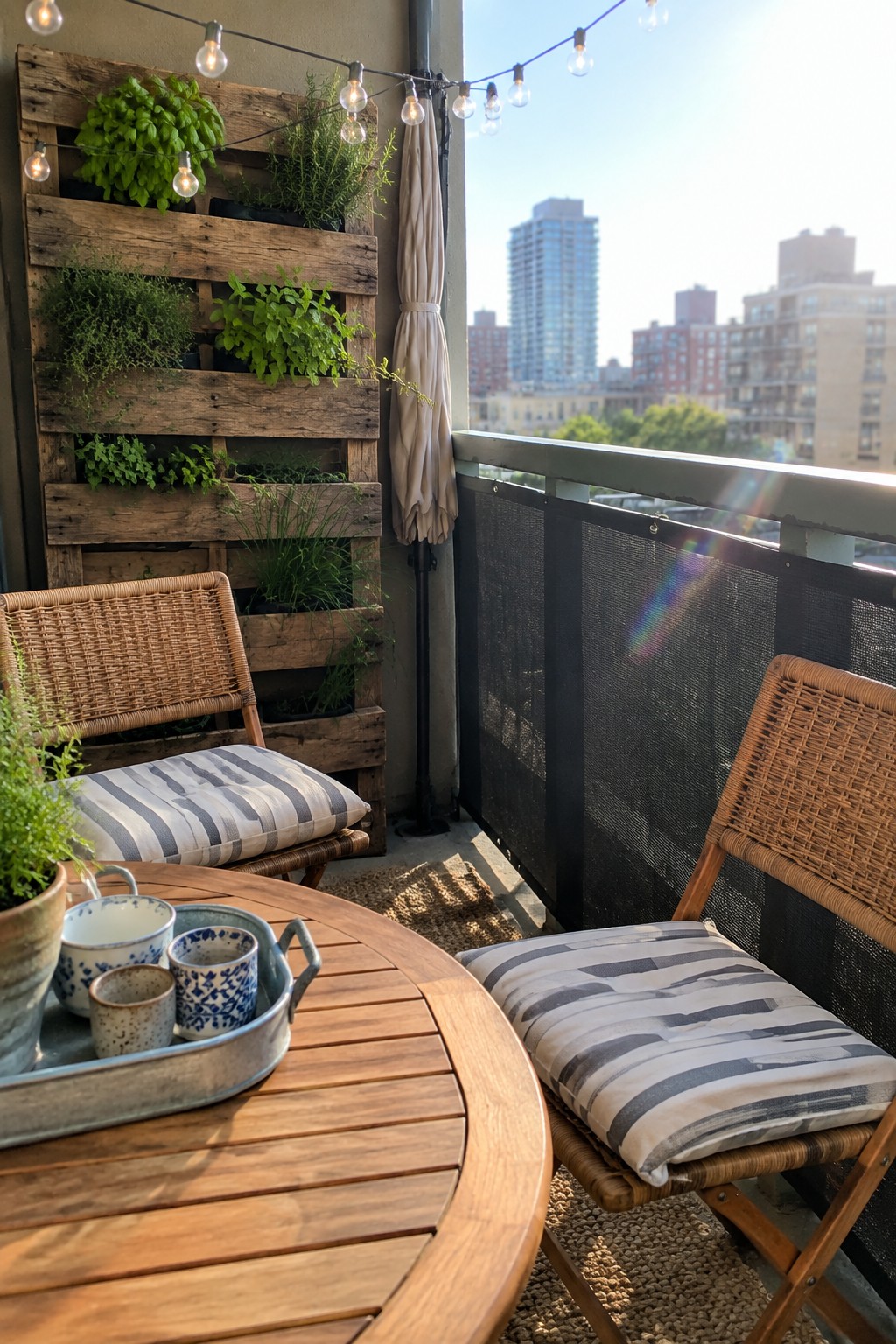 A balcony with two wicker chairs around a round wooden table, a vertical pallet herb garden on the wall, string lights overhead, and black mesh screening attached to the railing overlooking city buildings.