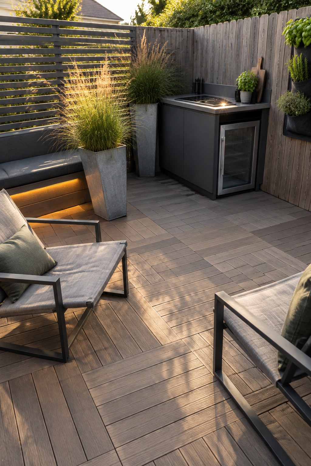 An outdoor patio with composite decking, two lounge chairs with green cushions, tall planters with grasses, and a built-in outdoor kitchen with dark cabinets, a cooktop, and an undercounter refrigerator.