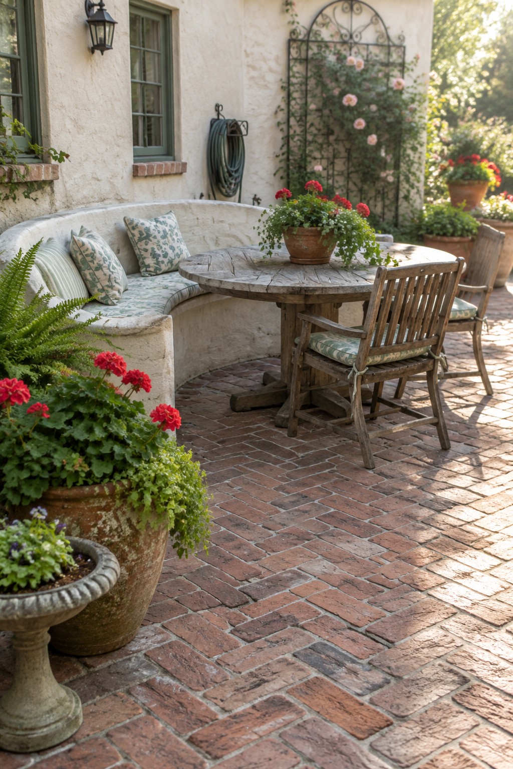 A brick patio with a curved built-in bench, round wooden table, wooden chairs, and potted plants set against a house wall.