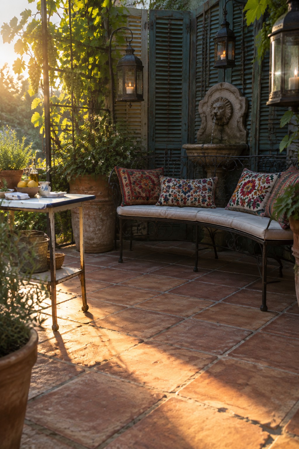Sunlit rustic patio with terracotta tiles, cushioned bench, lion fountain, and lanterns